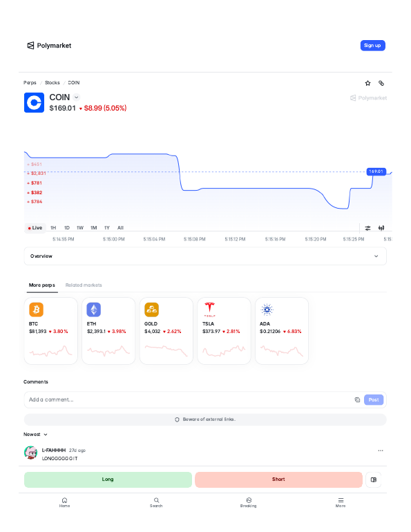 Coinbase (COIN) perps trading page on Polymarket