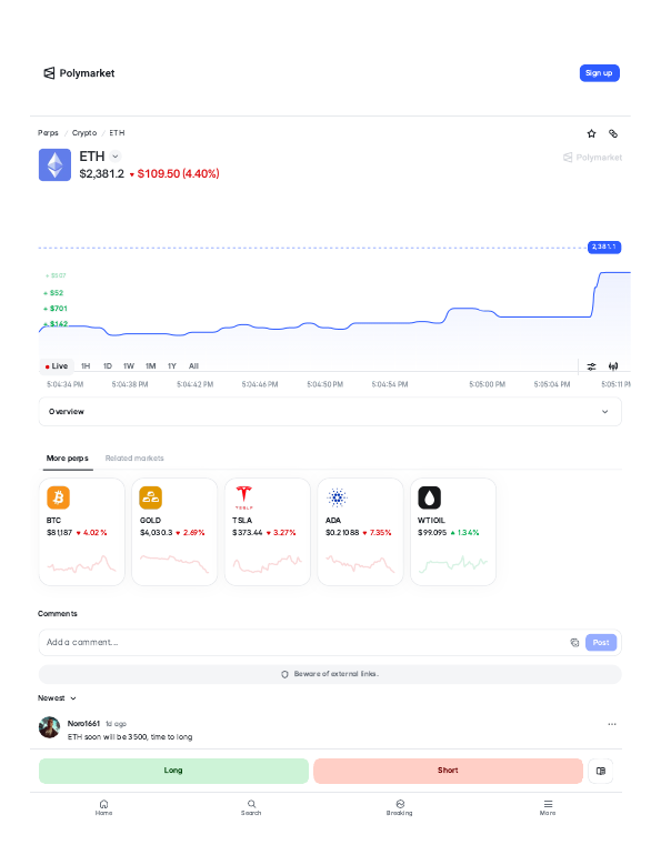 Ethereum (ETH) perps trading page on Polymarket