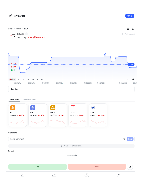 Rocket Lab (RKLB) perps trading page on Polymarket
