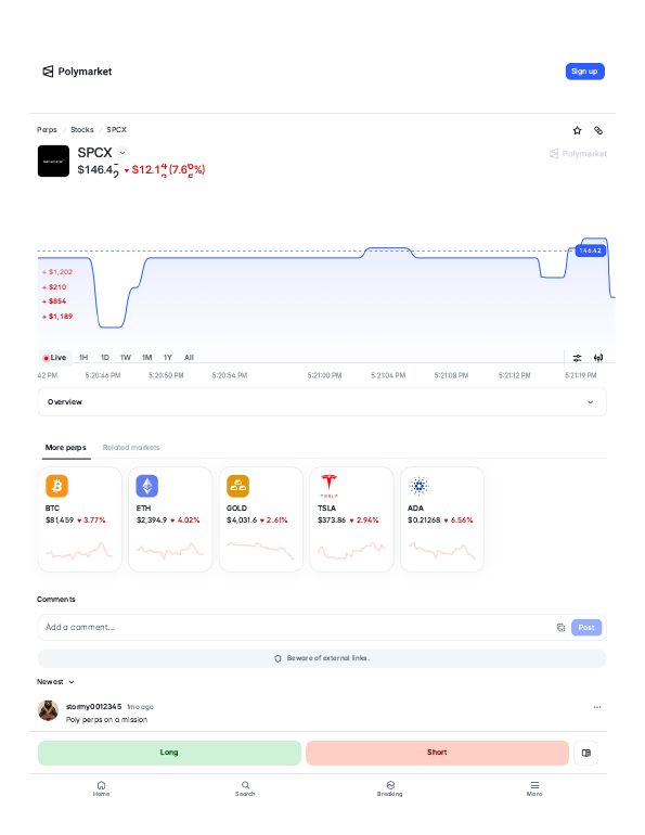 SpaceX (SPCX) perps trading page on Polymarket