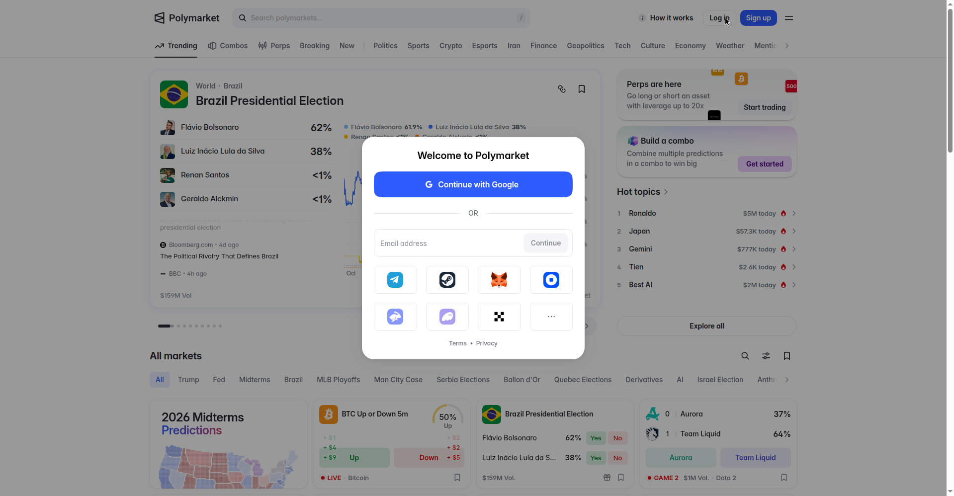 Polymarket signup screen with Continue with Google, email, and crypto wallet options