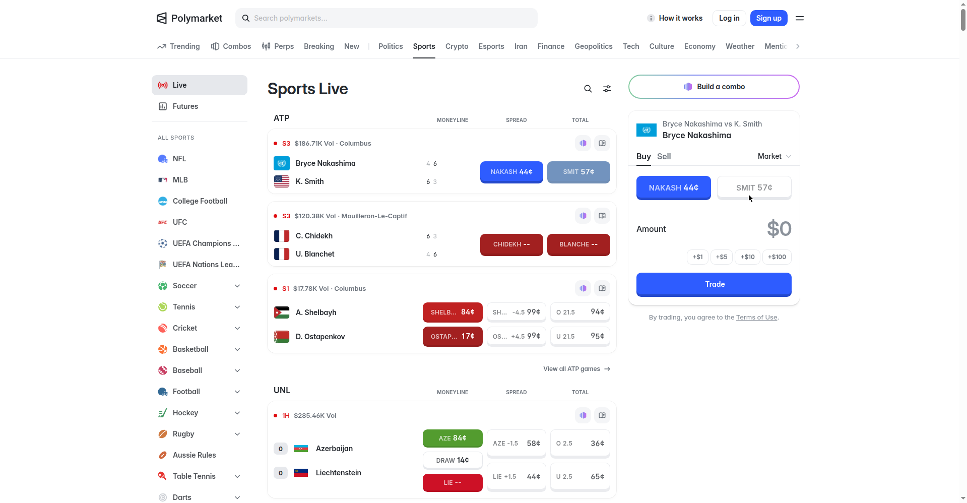 Polymarket sports section showing live tennis and soccer markets with moneyline odds